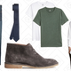 360° Tech Stretch Jeans, $30 | Silk Tie, $15 | Suede Desert Boots, $70 | 2-pack T-shirts Slim Fit, $13 | Pima Cotton Oxford Shirt, $35